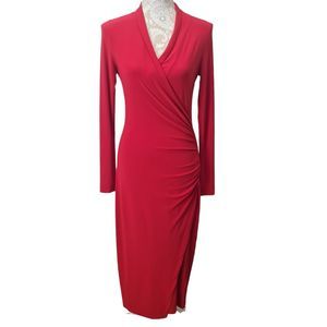 NORMA KAMALI Longsleeve Side Drape Midi Stretchy Jersey Dress Red Women S